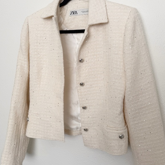 Zara NWOT Cream Textured Cotton Fitted Jacket Silver Sequin Appliqués - Picture 7 of 12